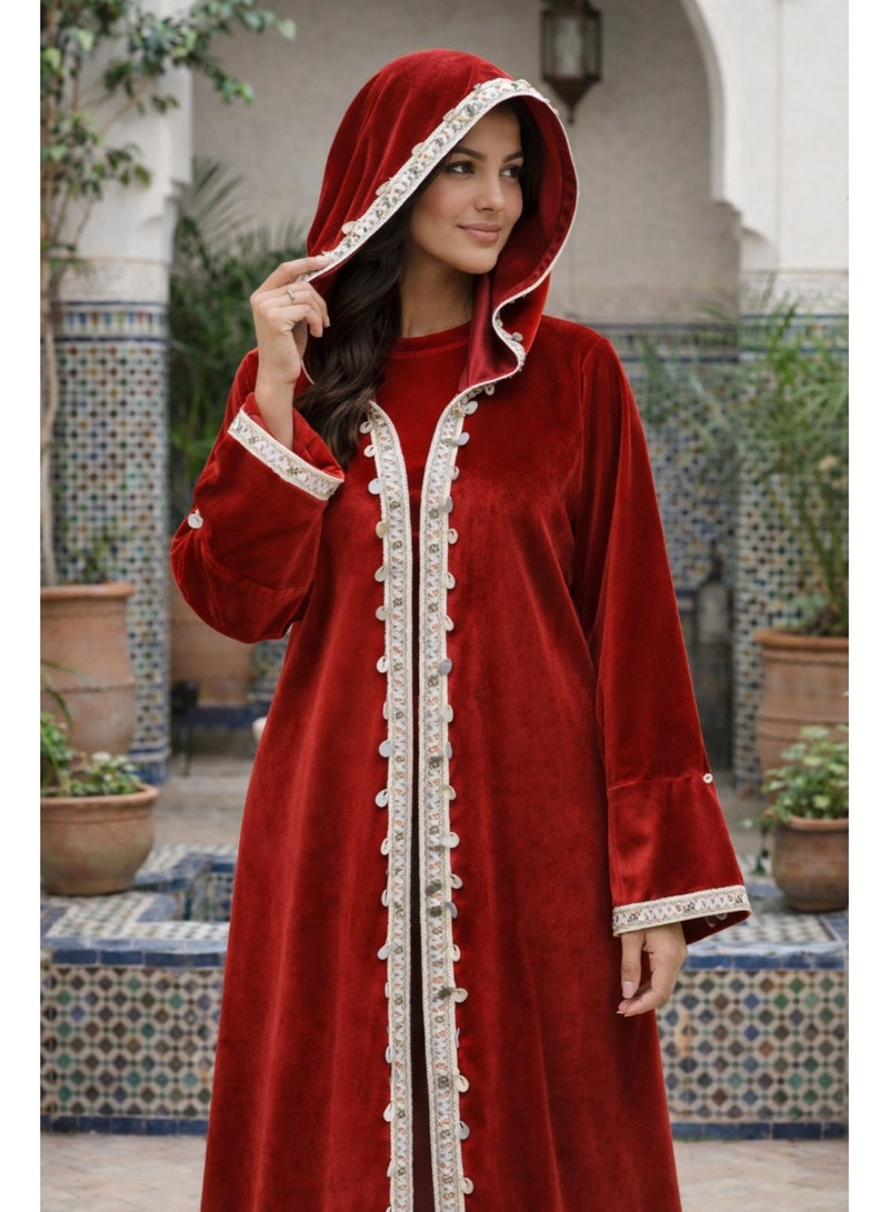 Women's Velvet Ramadan Hooded Kaftan with Lace Trim, Long Sleeve Abaya Robe - Image 2